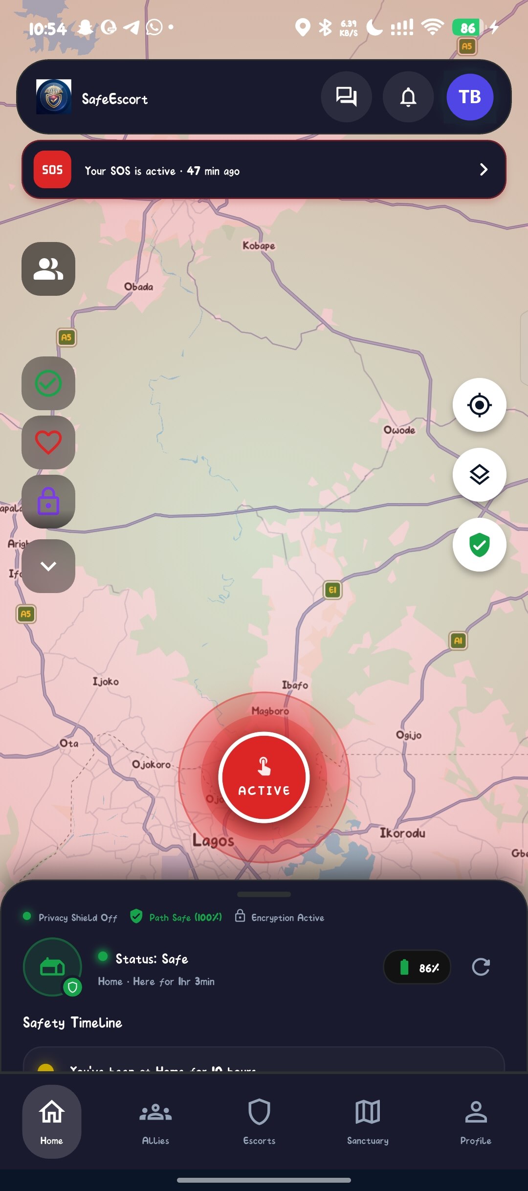 SafeEscort Home screen with an active SOS banner