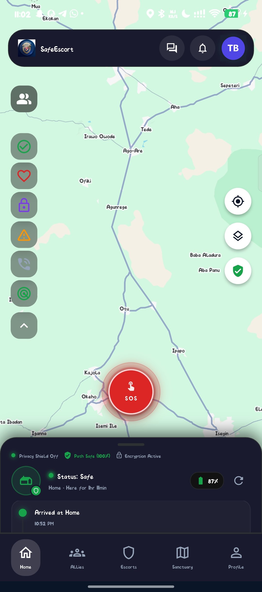 SafeEscort Home screen: live map and the SOS button