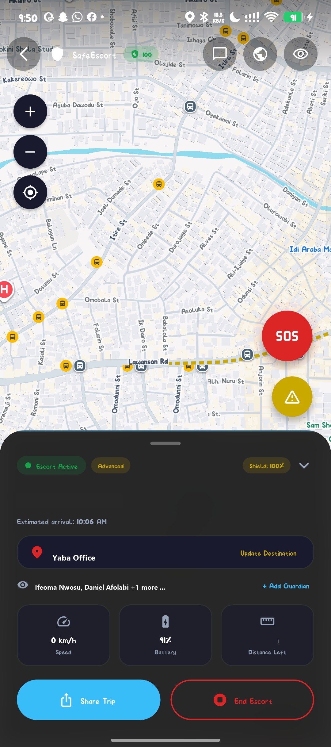 Live escort map with the route and estimated arrival