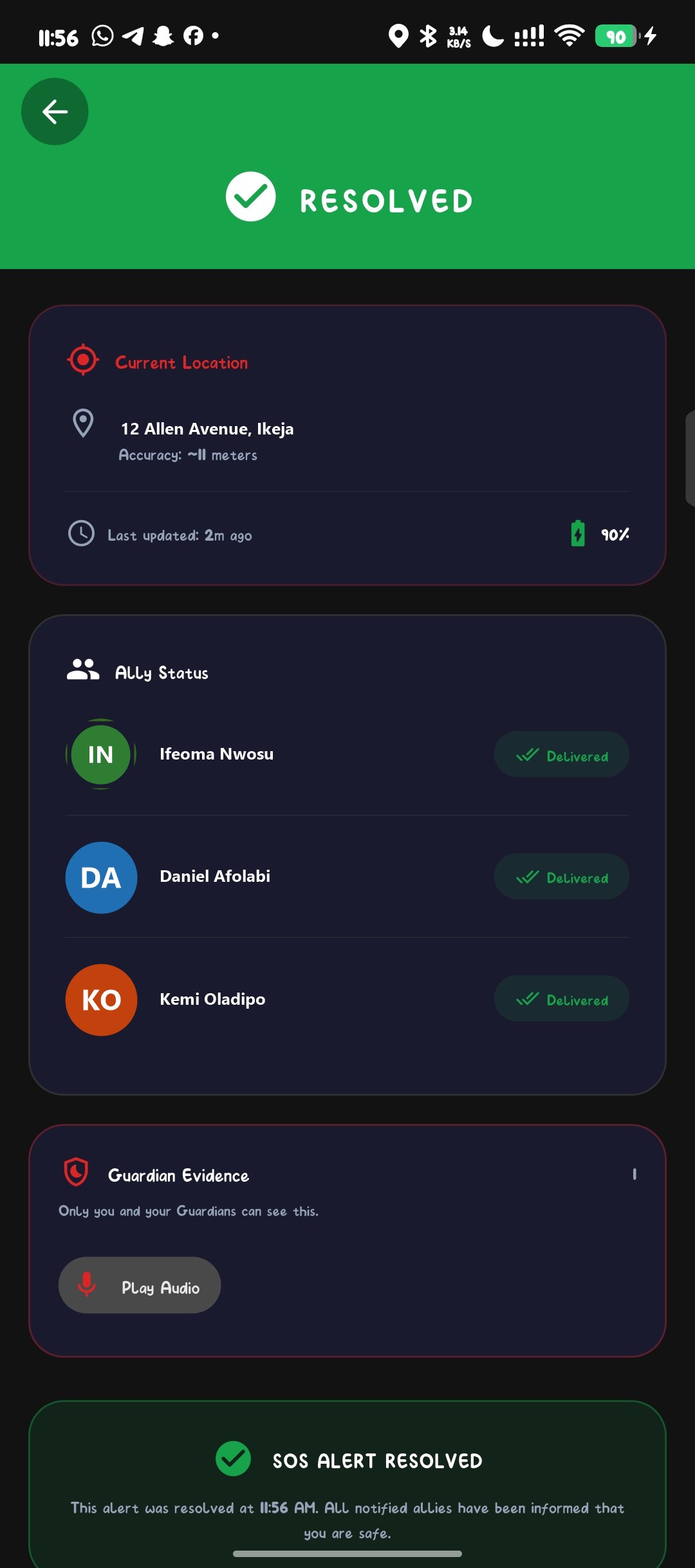 SafeEscort alert resolved: all allies informed