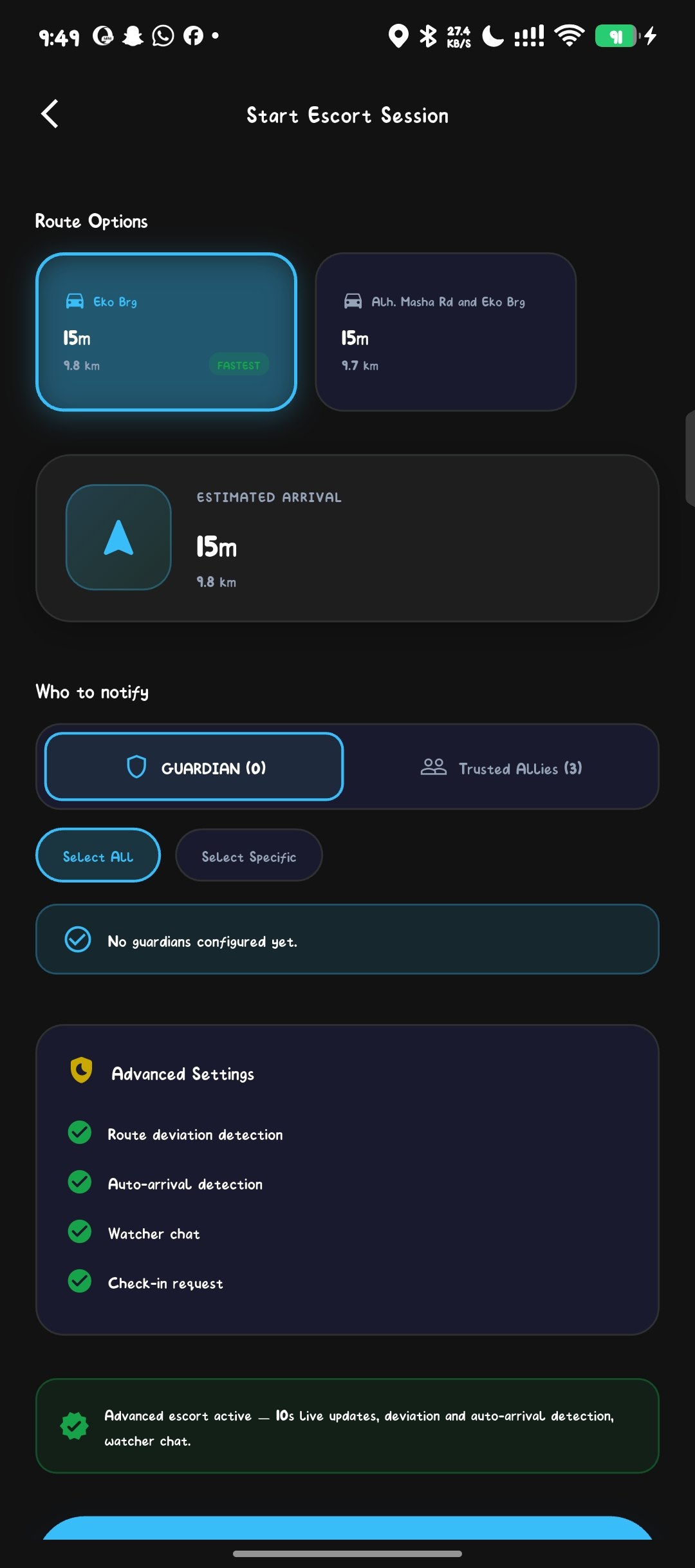 Start Escort Session: route options and who to notify