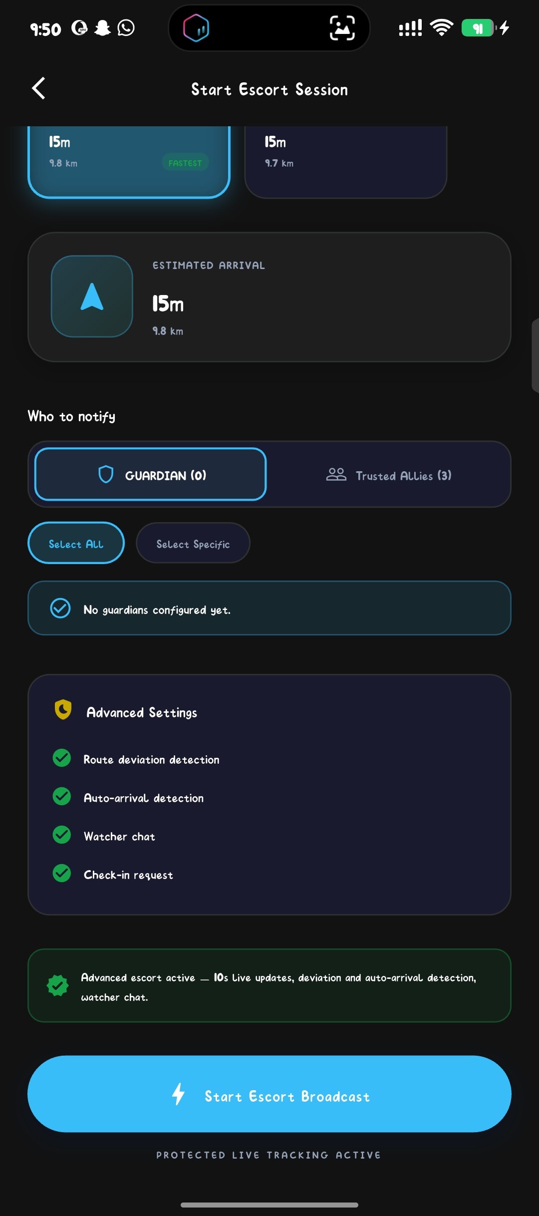 Start Escort Session: Start Escort Broadcast button