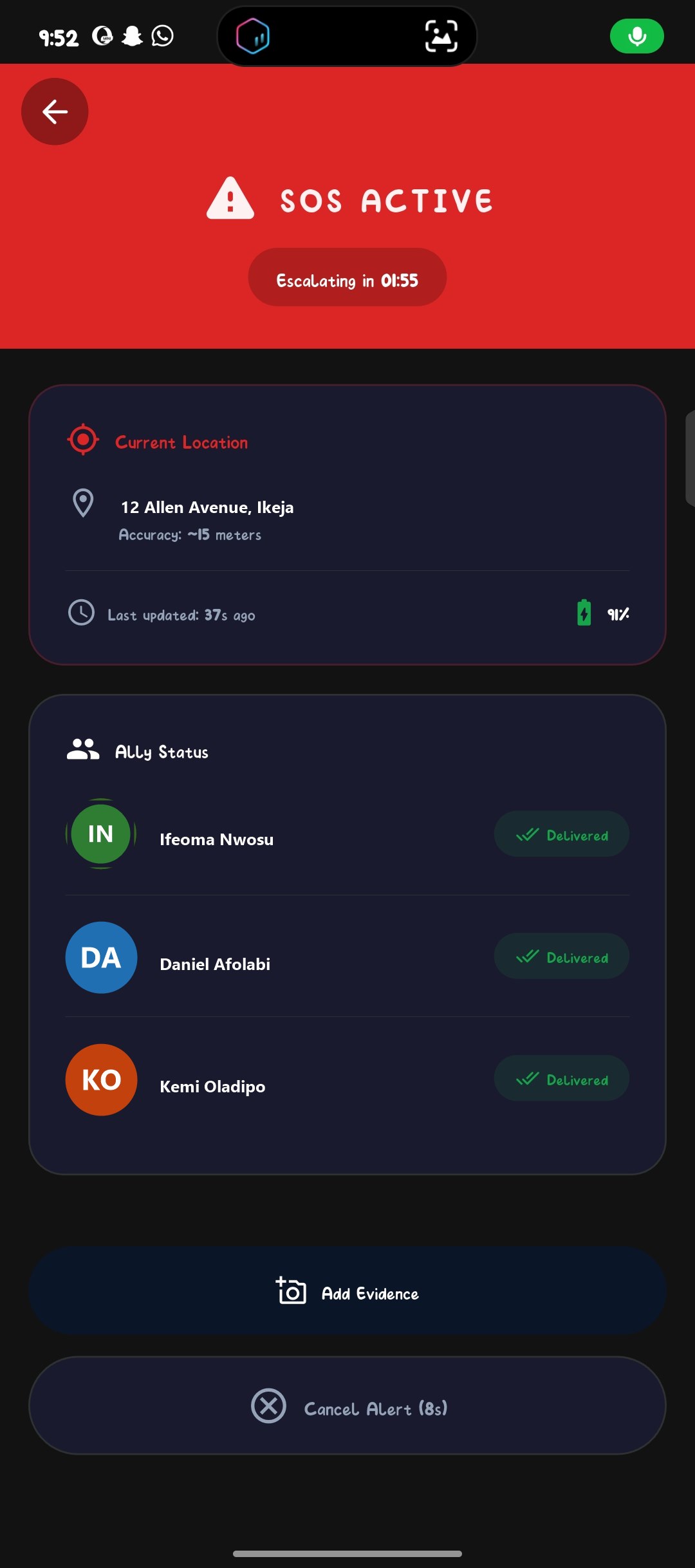 SafeEscort SOS Active screen with live location and ally delivery status
