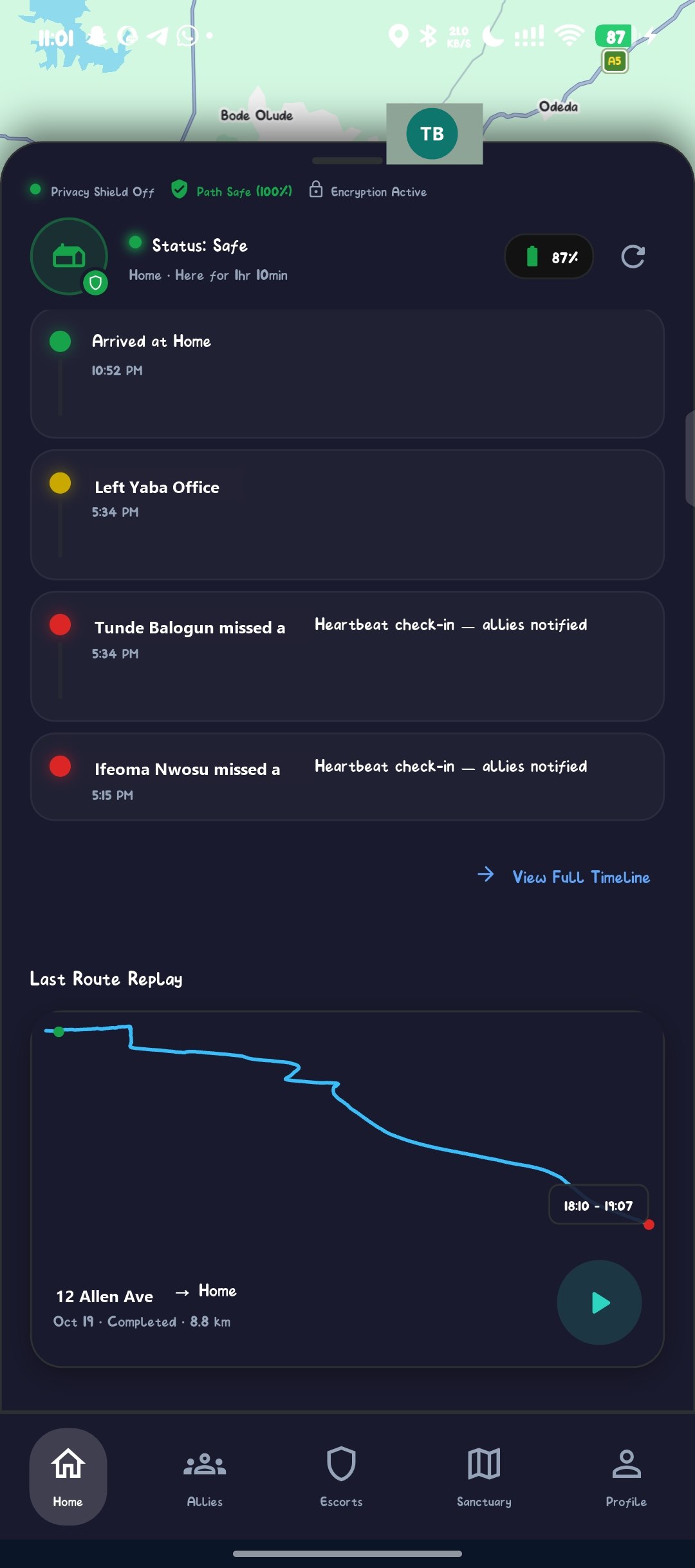 SafeEscort safety timeline and last route replay
